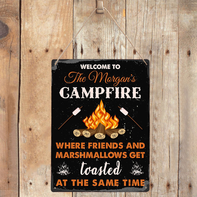 Customized Camp Sign, Welcome To Campfire Where Friends And Marshmallows Get Toasted At The Same Time