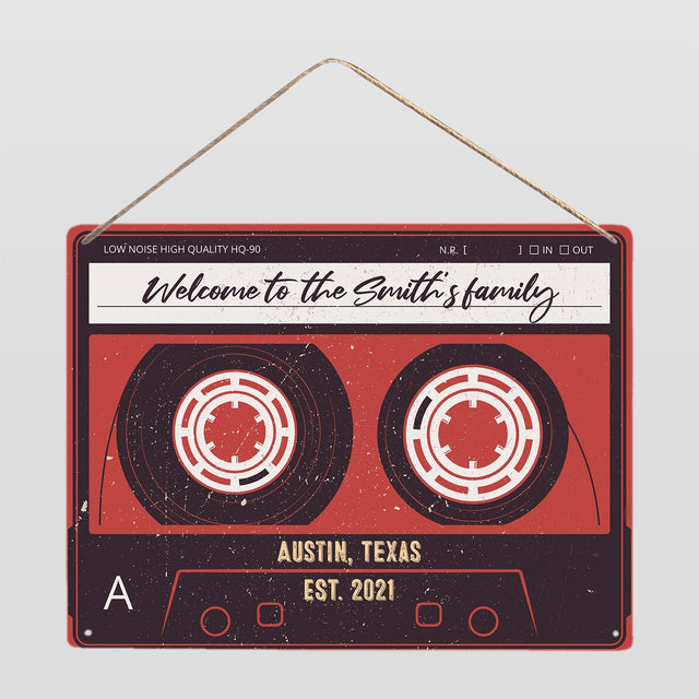 Customized House Sign, Red Cassette Tape, Personalized Family Name