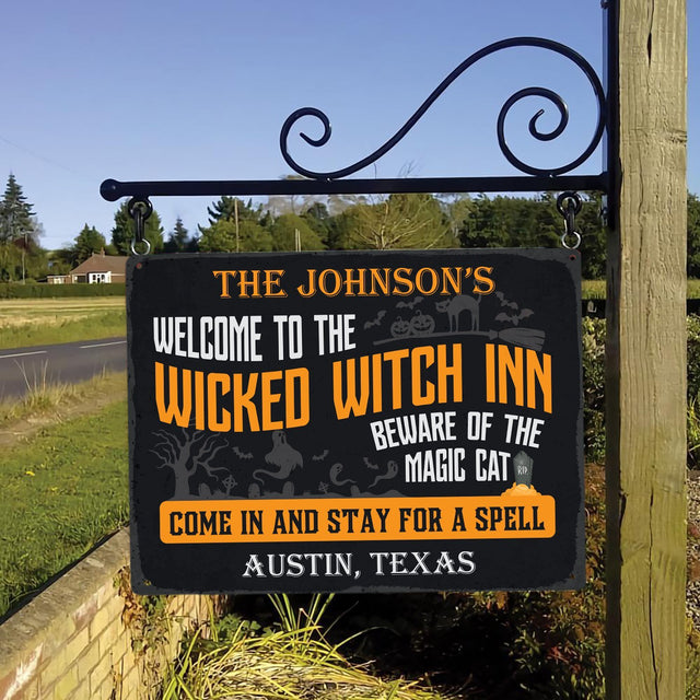 Customized House Sign, Welcome To The Wicked Witch Inn Beware Of The Magic Cat