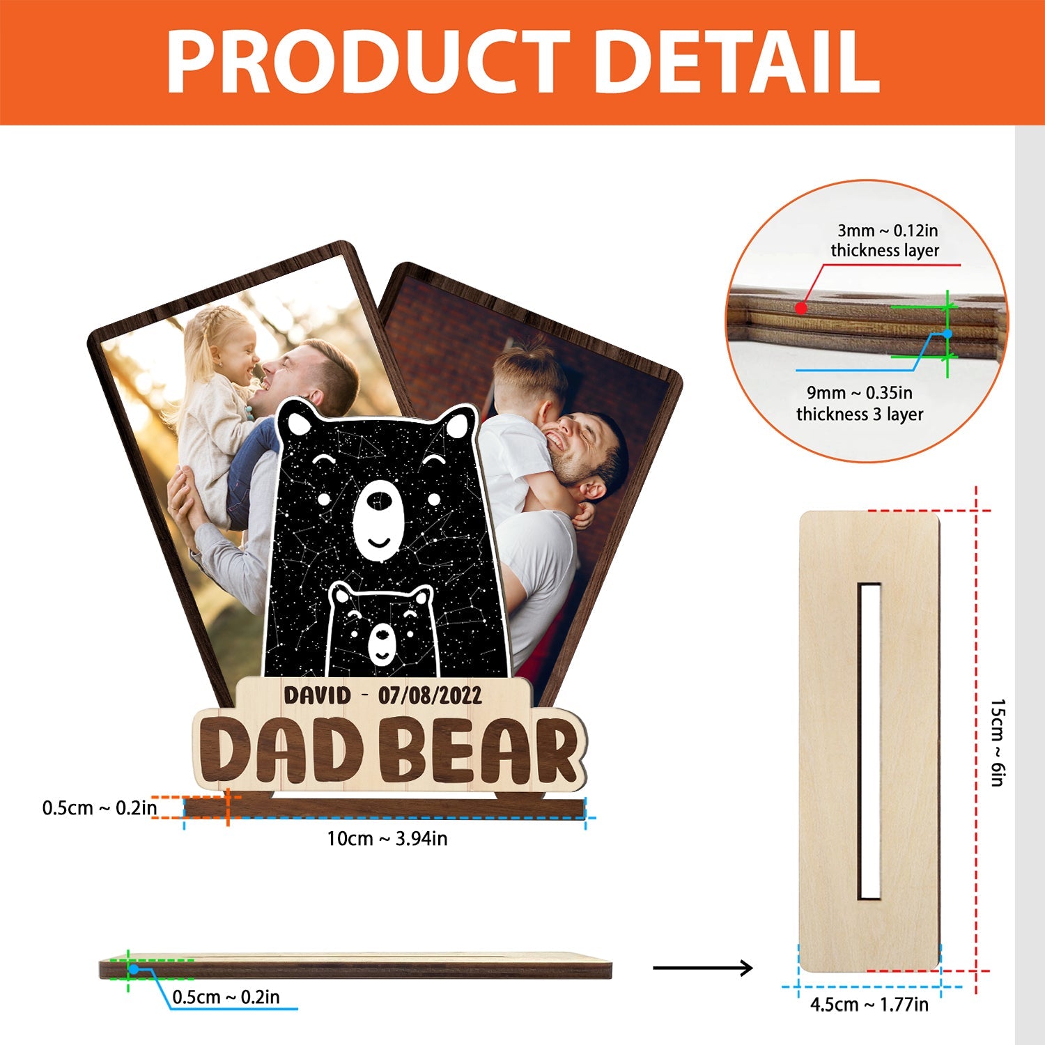 Dad Bear, Custom Photo, Wooden Plaque 3 Layers