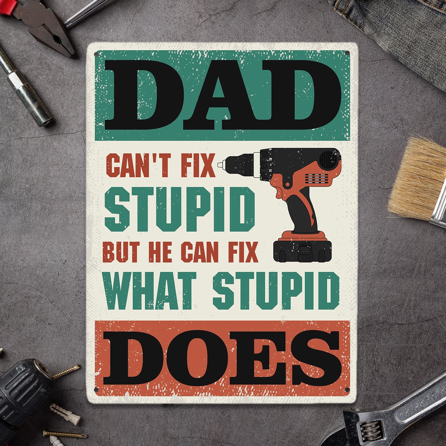 Dad Can't Fix Stupid But He Can Fix What Stupid Does, Metal Signs