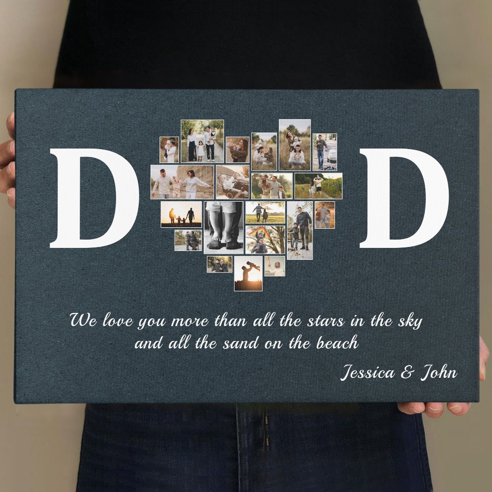 Dad, Custom Photo, Heart Shape, Personalized Name And Text Canvas Wall Art
