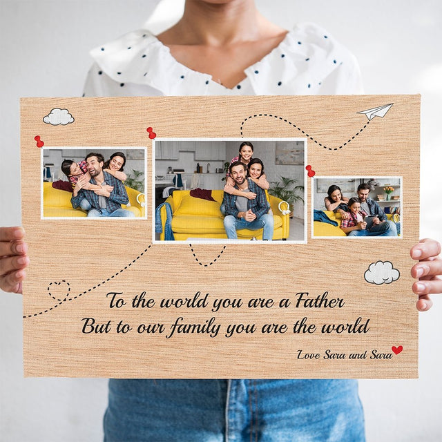 Dad Is The World Custom Photo - Personalized Light Wood Background Canvas