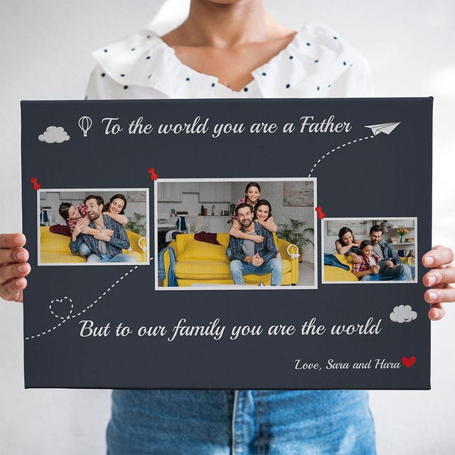 Dad Is The World Custom Photo - Personalized Navy Vintage Canvas