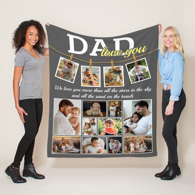 Dad, Love You, Custom Photo, 14 Pictures, Personalized Name And Text Blanket