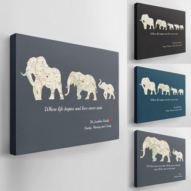 Elephant Family, Custom Map Print, Personalized Family Name And Text Canvas Wall Art