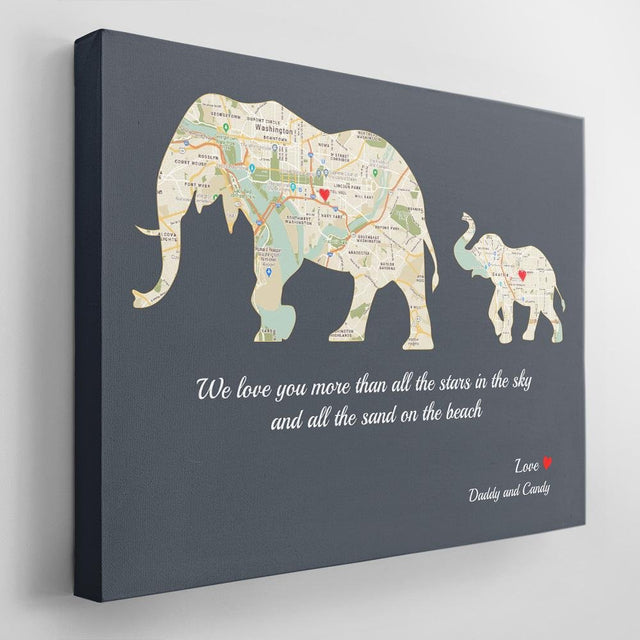 Elephant Family, Custom Map Print, Personalized Family Name And Text Canvas Wall Art