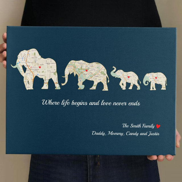 Elephant Family, Custom Map Print, Personalized Family Name And Text Canvas Wall Art