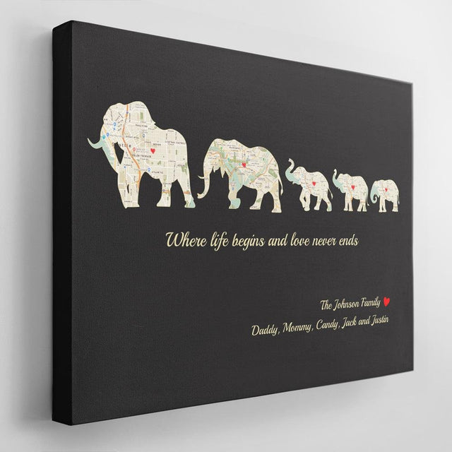 Elephant Family, Custom Map Print, Personalized Family Name And Text Canvas Wall Art