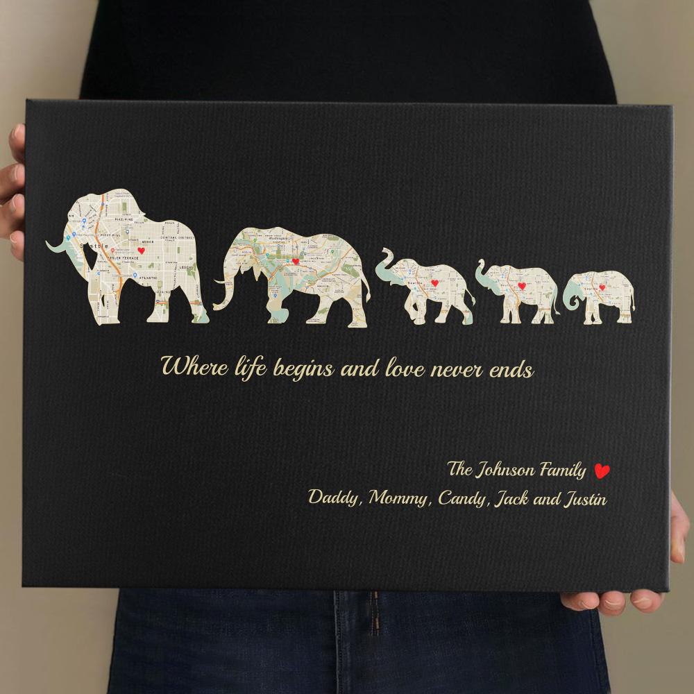 Elephant Family, Custom Map Print, Personalized Family Name And Text Canvas Wall Art