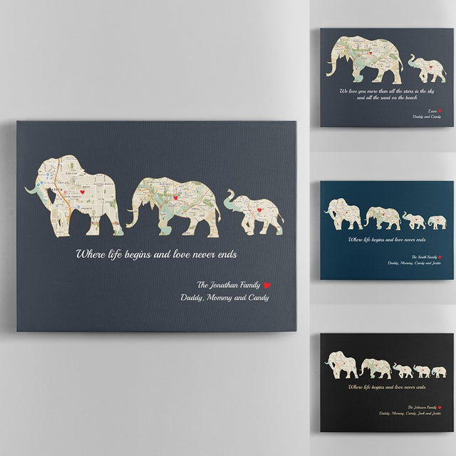 Elephant Family, Custom Map Print, Personalized Family Name And Text Canvas Wall Art