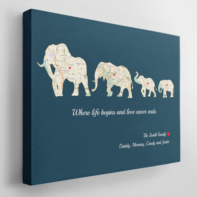 Elephant Family, Custom Map Print, Personalized Family Name And Text Canvas Wall Art