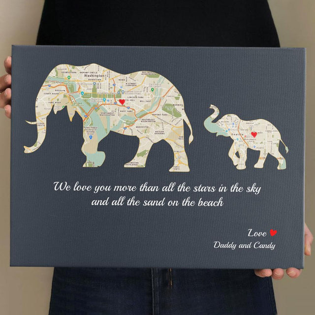 Elephant Family, Custom Map Print, Personalized Family Name And Text Canvas Wall Art