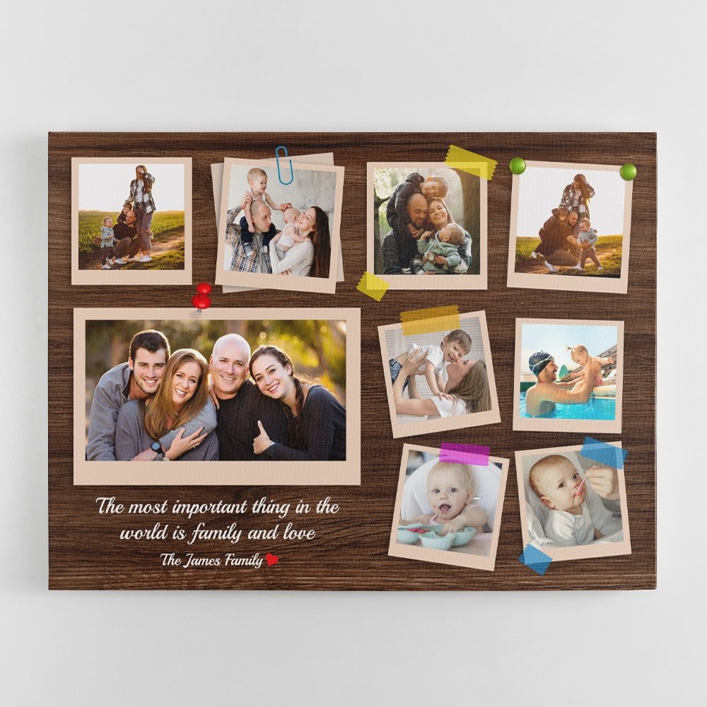 Family Custom Photo Collage - Personalized Dark Wood Background Canvas
