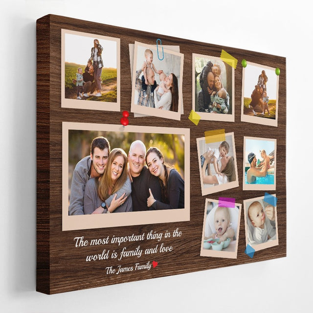 Family Custom Photo Collage - Personalized Dark Wood Background Canvas
