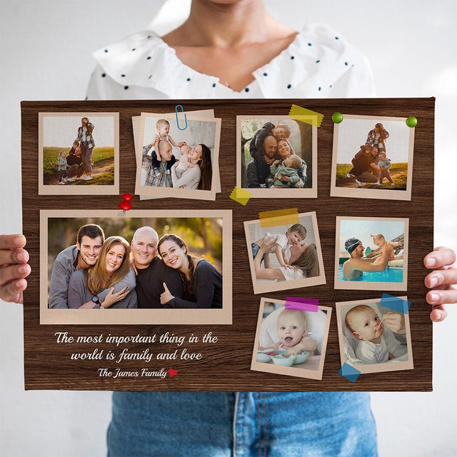 Family Custom Photo Collage - Personalized Dark Wood Background Canvas