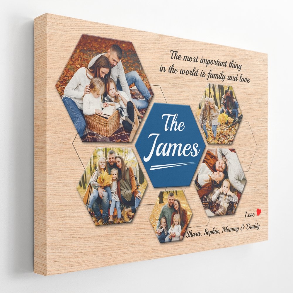 Family Custom Photo Collage - Personalized Light Wood Background Canvas