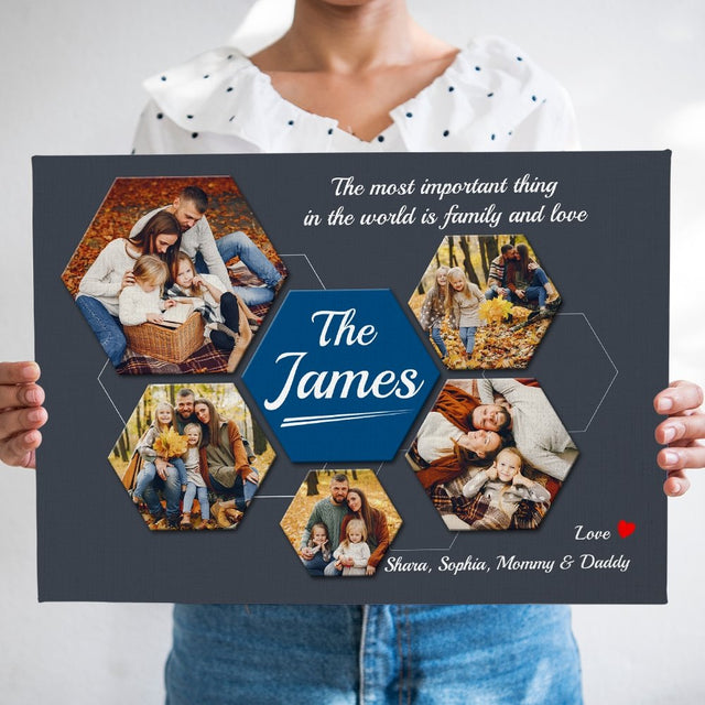 Family Custom Photo Collage - Personalized Navy Vintage Background Canvas