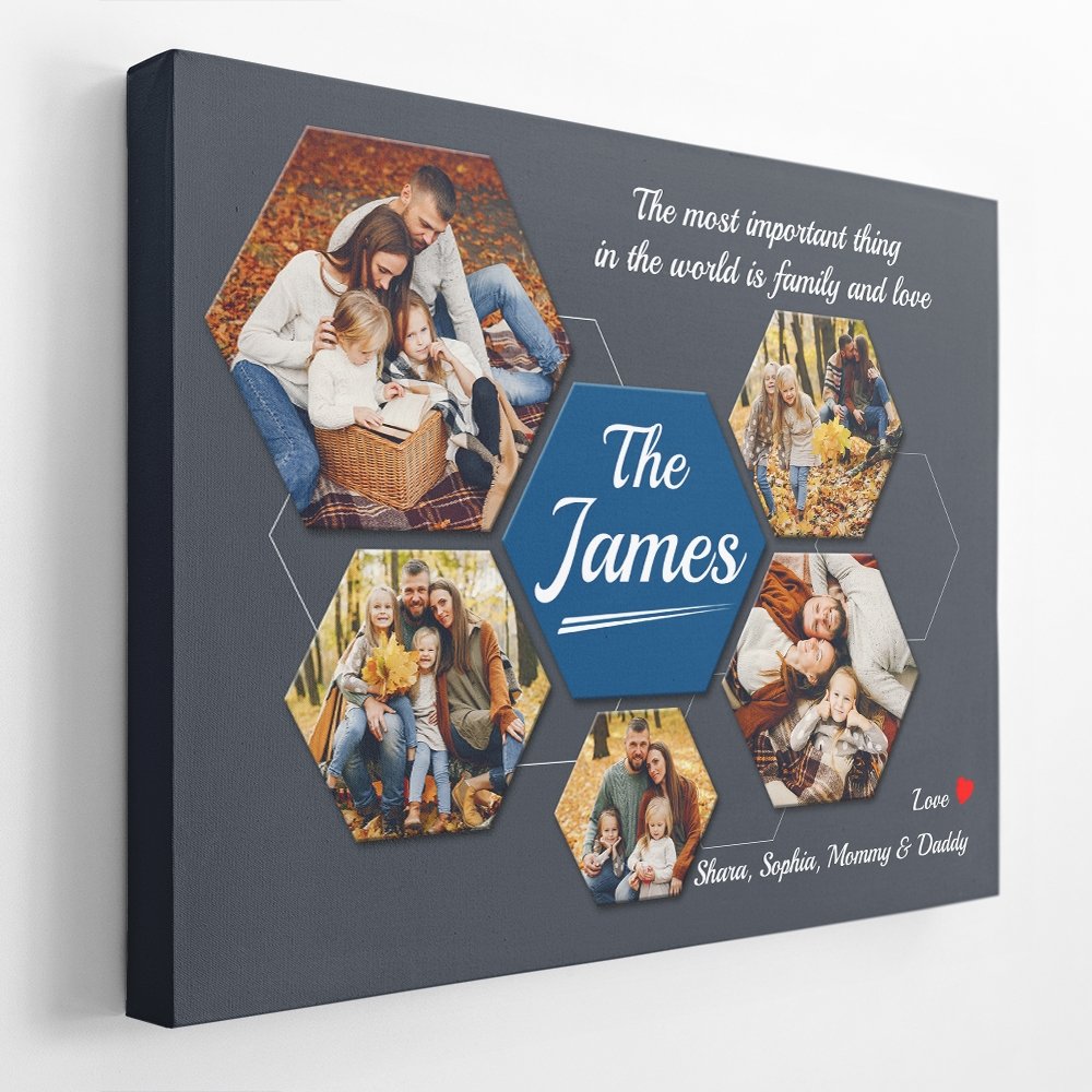 Family Custom Photo Collage - Personalized Navy Vintage Background Canvas