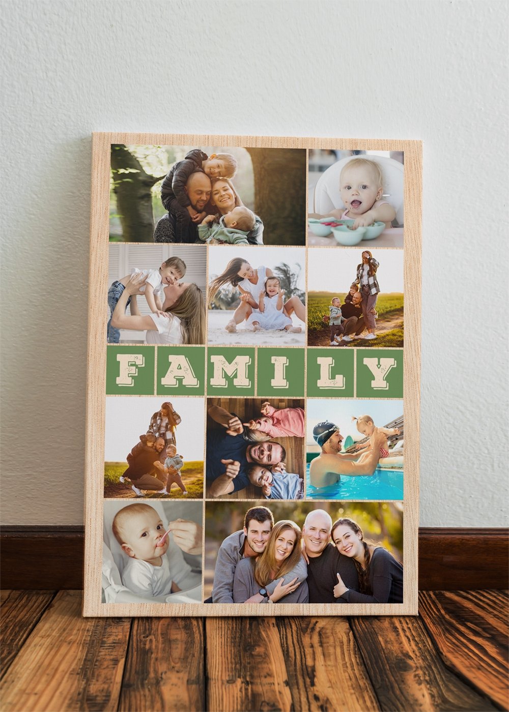 Family Photo Collage Custom Canvas Wall Art - Vertical Wood Background