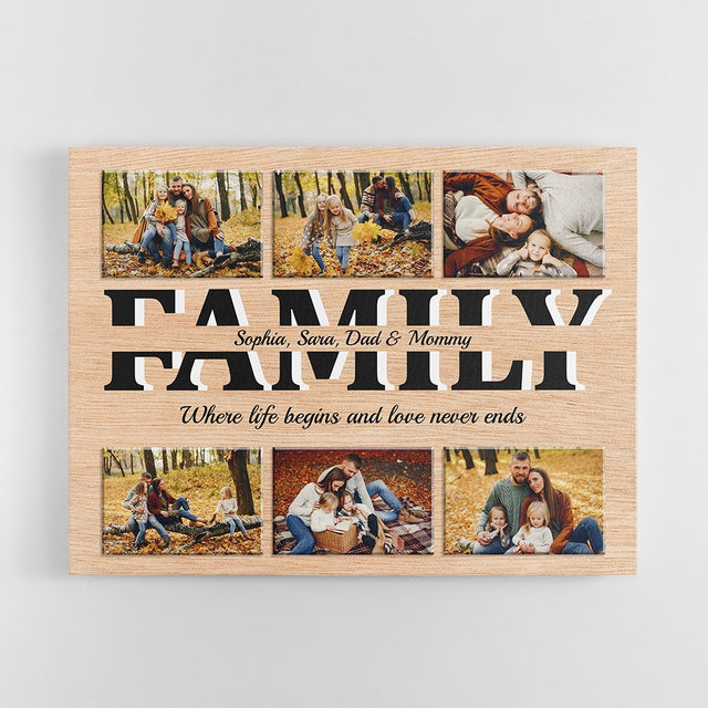 Family Custom Text and Photo - Personalized Light Wood Background Canvas