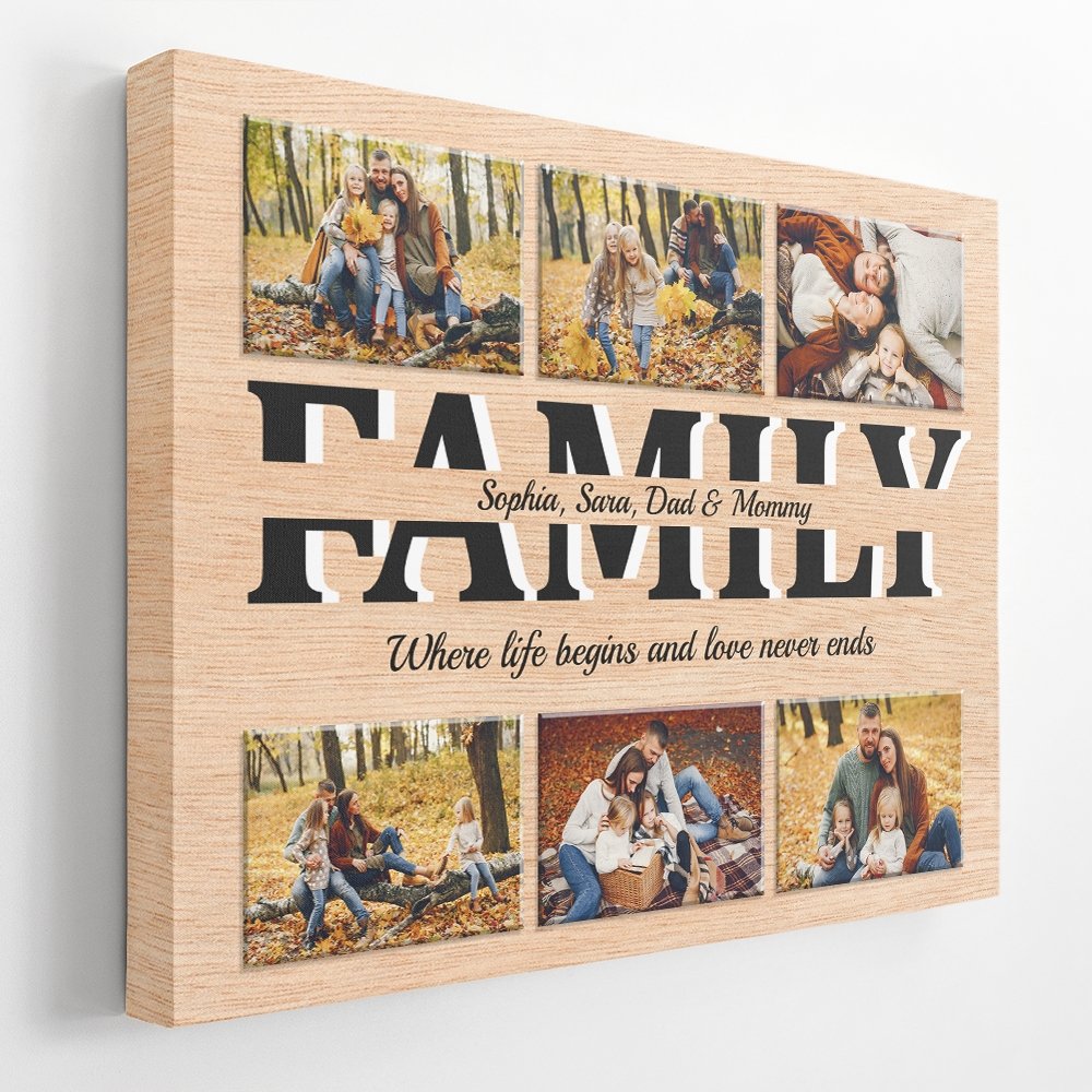 Family Custom Text and Photo - Personalized Light Wood Background Canvas