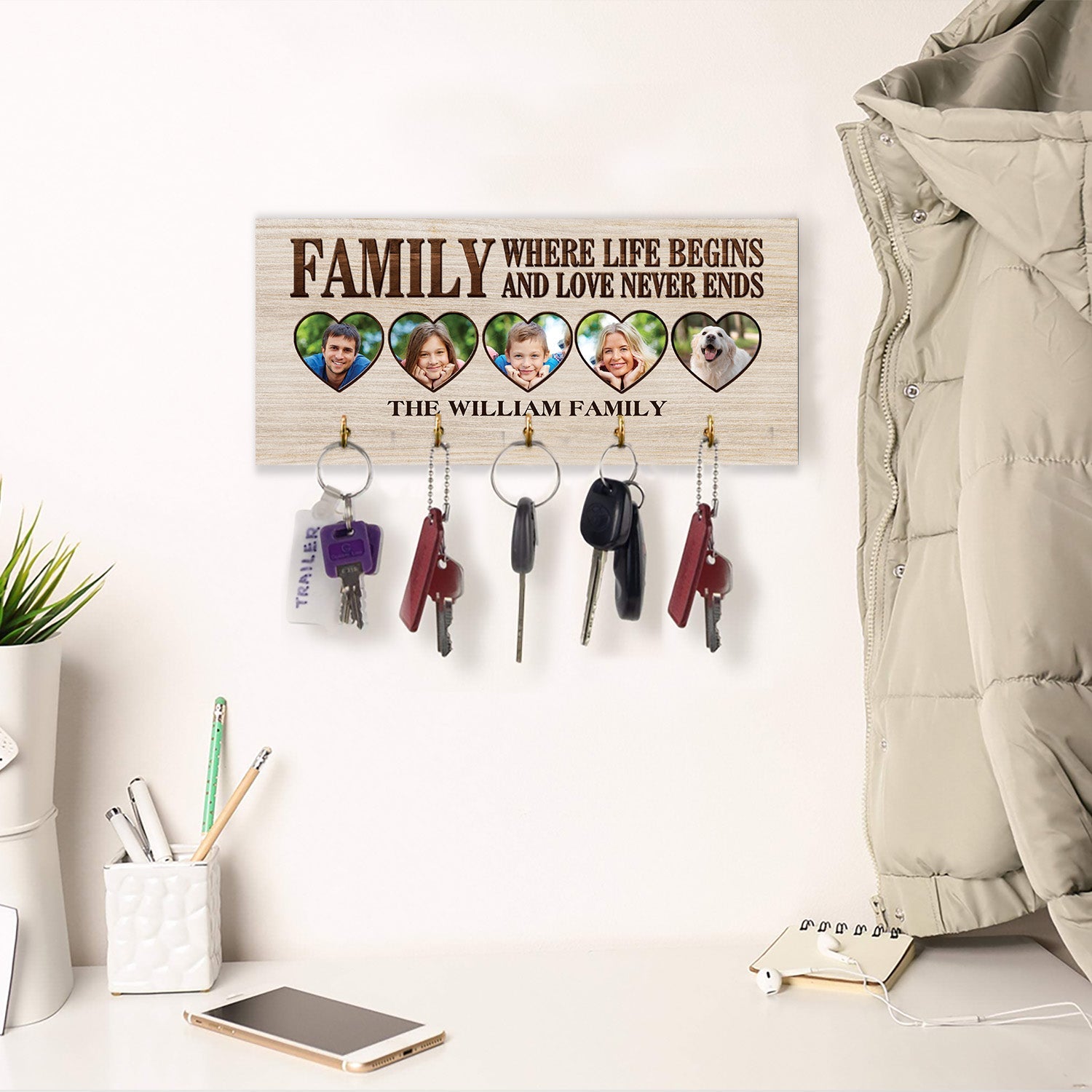 Family Where Life Begins And Love Never Ends, Custom Key Hook, Personalized Photo And Name