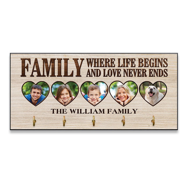 Family Where Life Begins And Love Never Ends, Custom Key Hook, Personalized Photo And Name