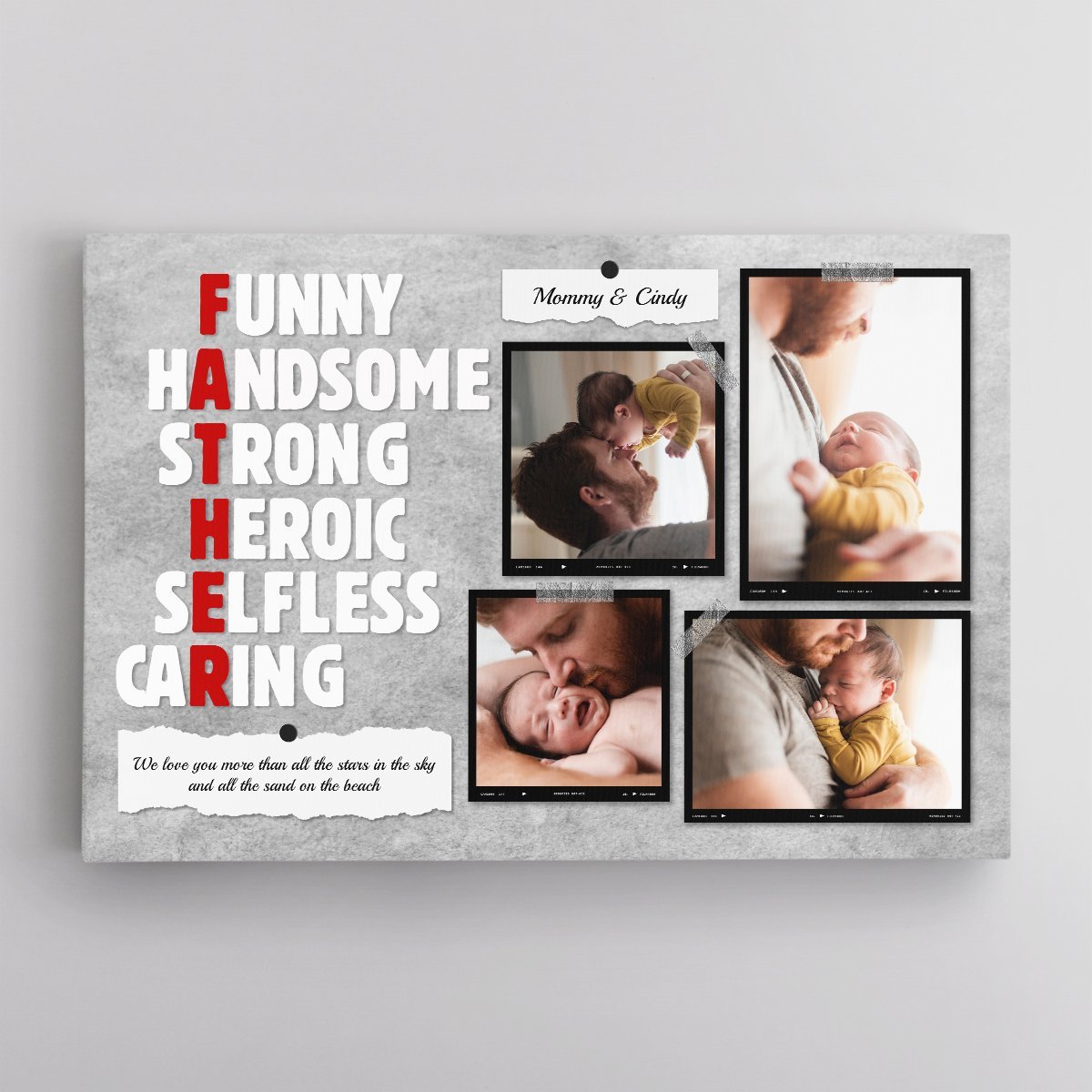 Father, Funny, Handsome, Strong, Heroic, Selfless, Caring, Custom Photo, Personalized Name And Text Canvas Wall Art
