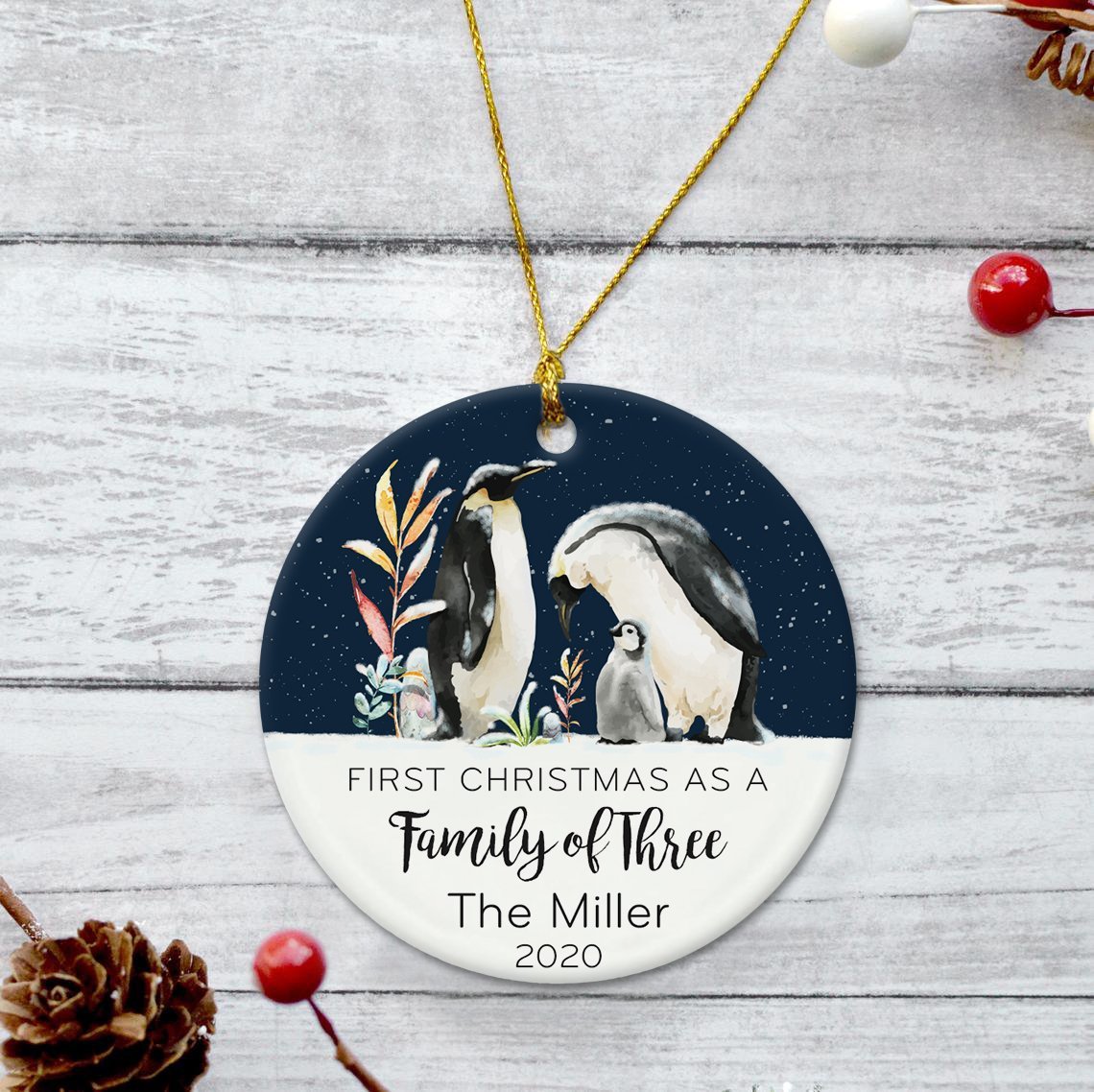 First Christmas As A Family Of Three Decorative Christmas Circle Ornament 2 Sided