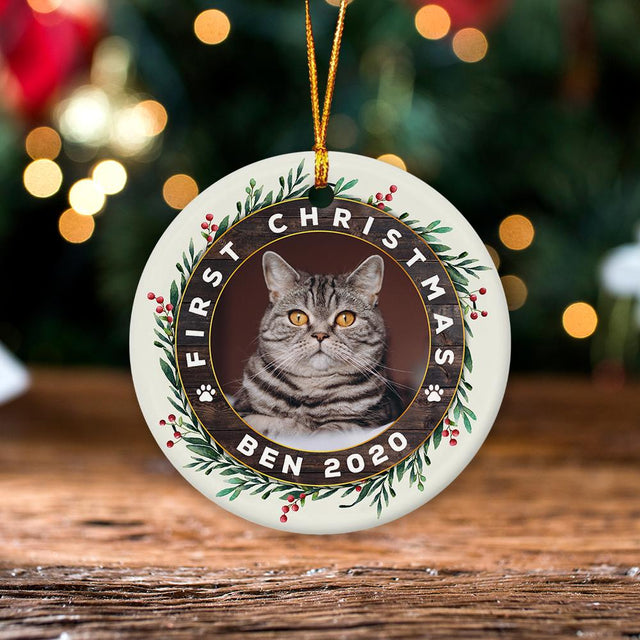 First Christmas Custom Photo And Cat Name Decorative Christmas Circle Ornament 2 Sided