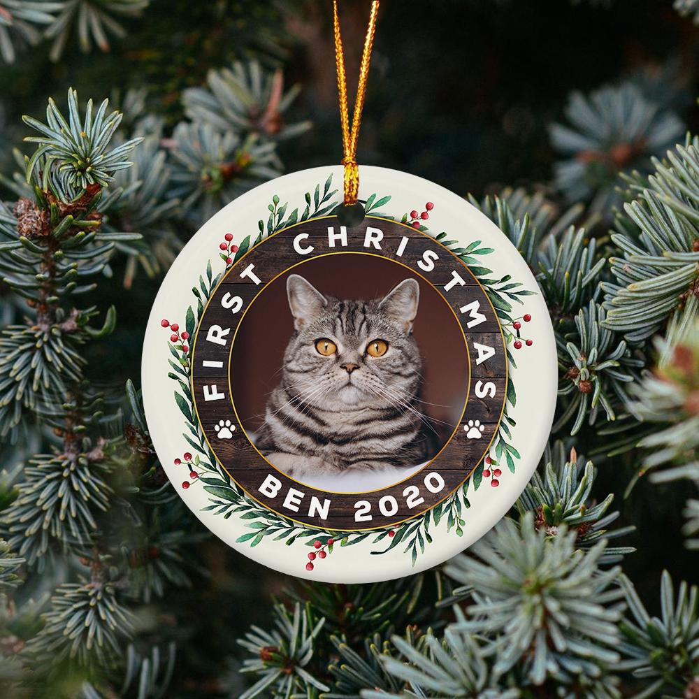 First Christmas Custom Photo And Cat Name Decorative Christmas Circle