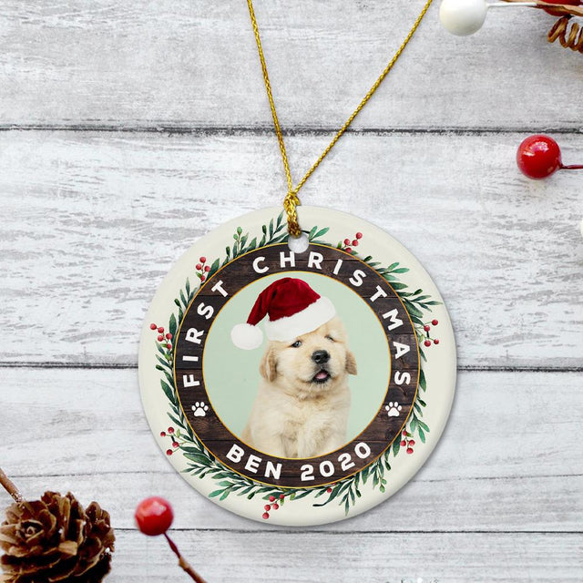 First Christmas Custom Photo And Dog Name Decorative Christmas Circle Ornament 2 Sided