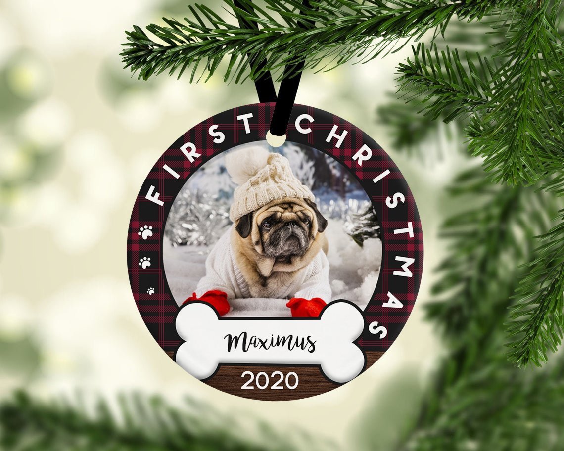 First Christmas Custom Photo And Dog Name Decorative Christmas Circle Ornament 2 Sided