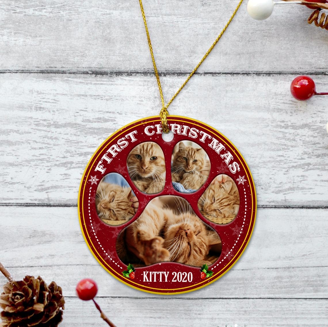 First Christmas Custom Photo On Cat Paw Decorative Christmas Circle Ornament 2 Sided