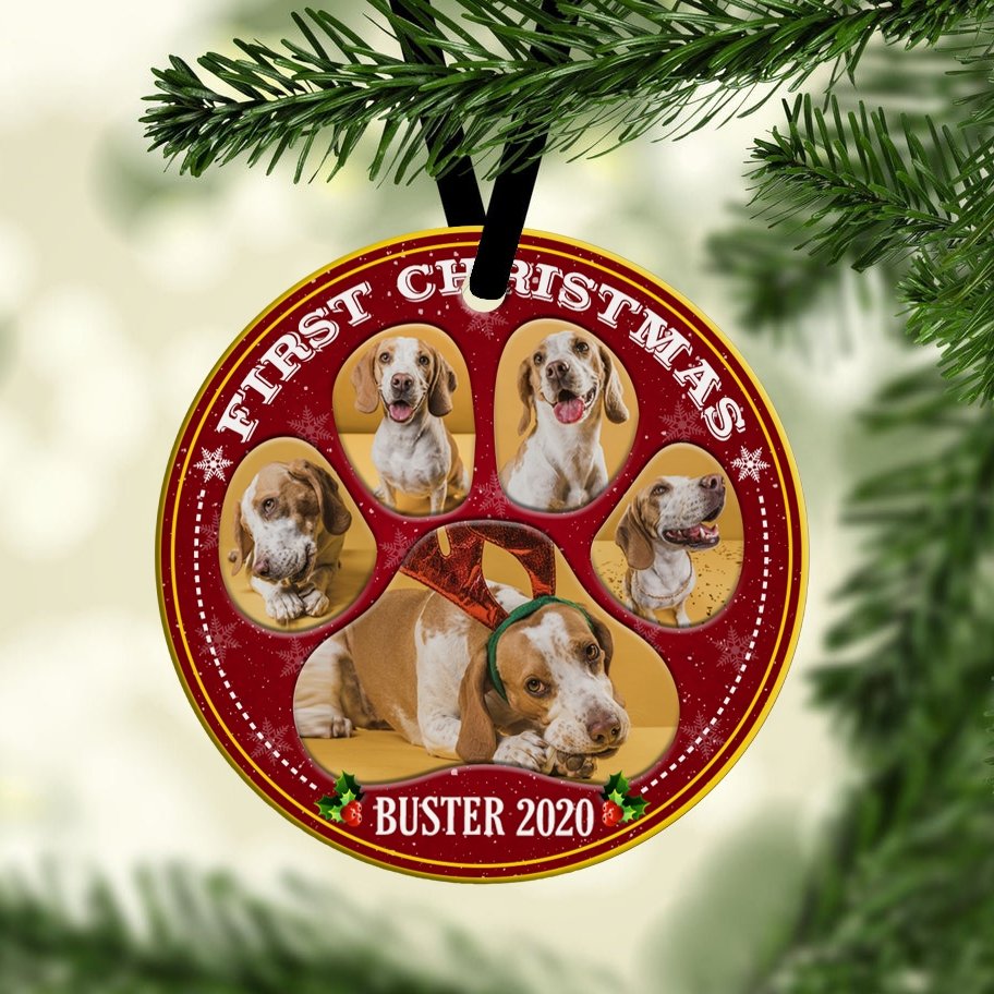 First Christmas Custom Photo On Dog Paw Decorative Christmas Circle Ornament 2 Sided