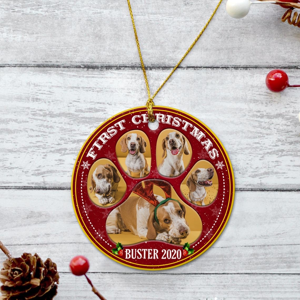 First Christmas Custom Photo On Dog Paw Decorative Christmas Circle Ornament 2 Sided