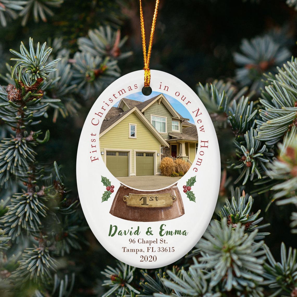 First Christmas In Our New Home Custom Photo And Text Decorative Christmas Oval Ornament 2 Sided