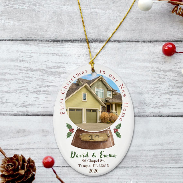 First Christmas In Our New Home Custom Photo And Text Decorative Christmas Oval Ornament 2 Sided