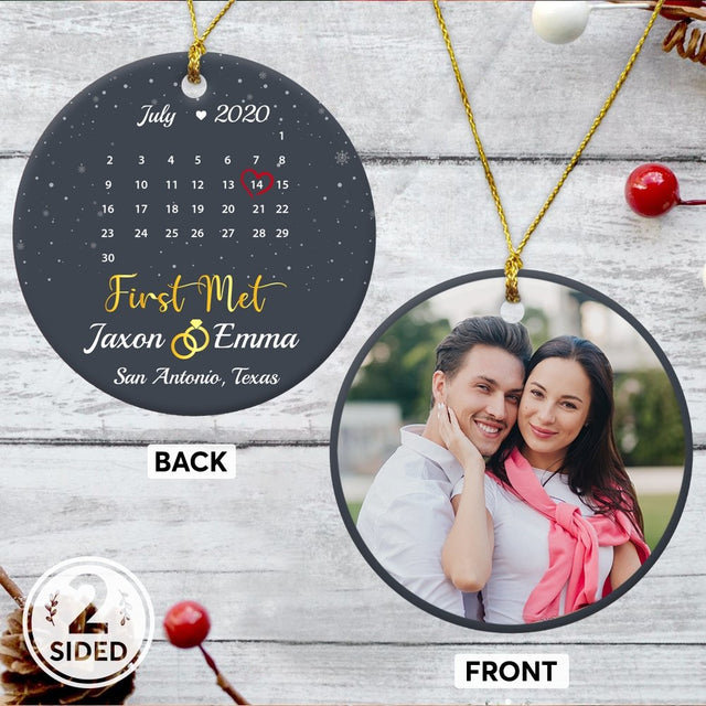 First Met Custom Photo, Date And Text Anniversary Gift Navy Background Decorative Christmas Circle Ornament 2 Sided