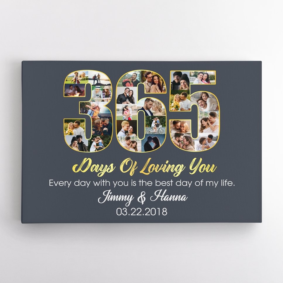 First Wedding Anniversary 365 Days Of Loving You Custom Photo Collage And Text Navy Background Canvas