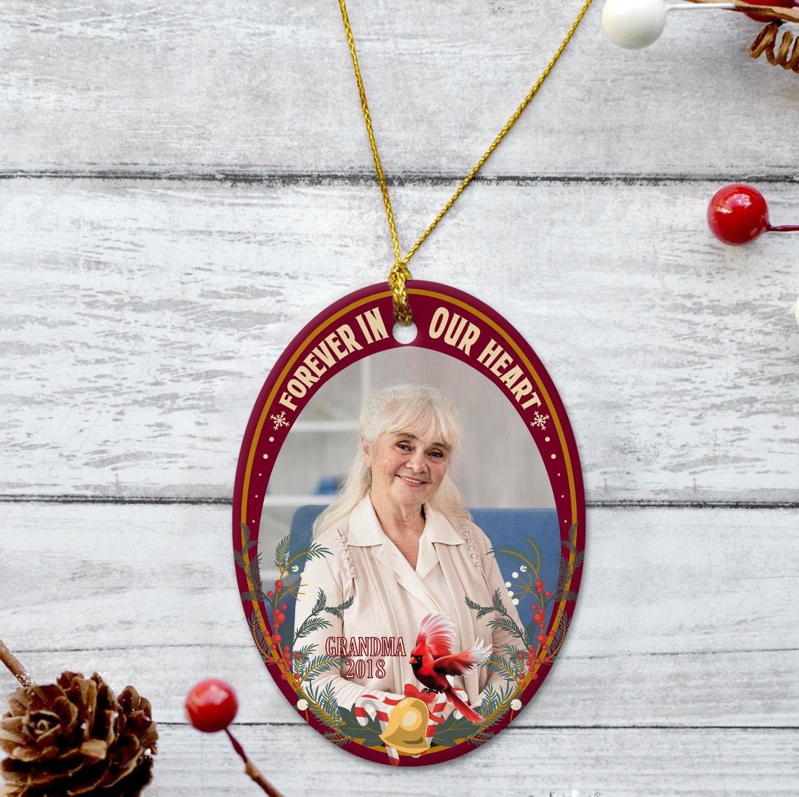 Forever In Our Heart Custom Upload Photo Memorial Cardinal Decorative Christmas Oval Ornament 2 Sided