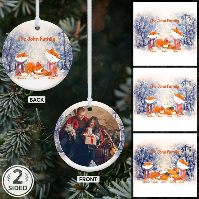 Fox Family Custom Photo And Text Decorative Christmas Circle Ornament 2 Sided