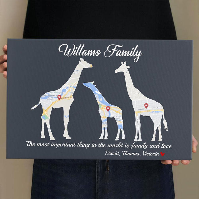 Giraffe Family, Custom Map Print, Personalized Family Name And Text Canvas Wall Art