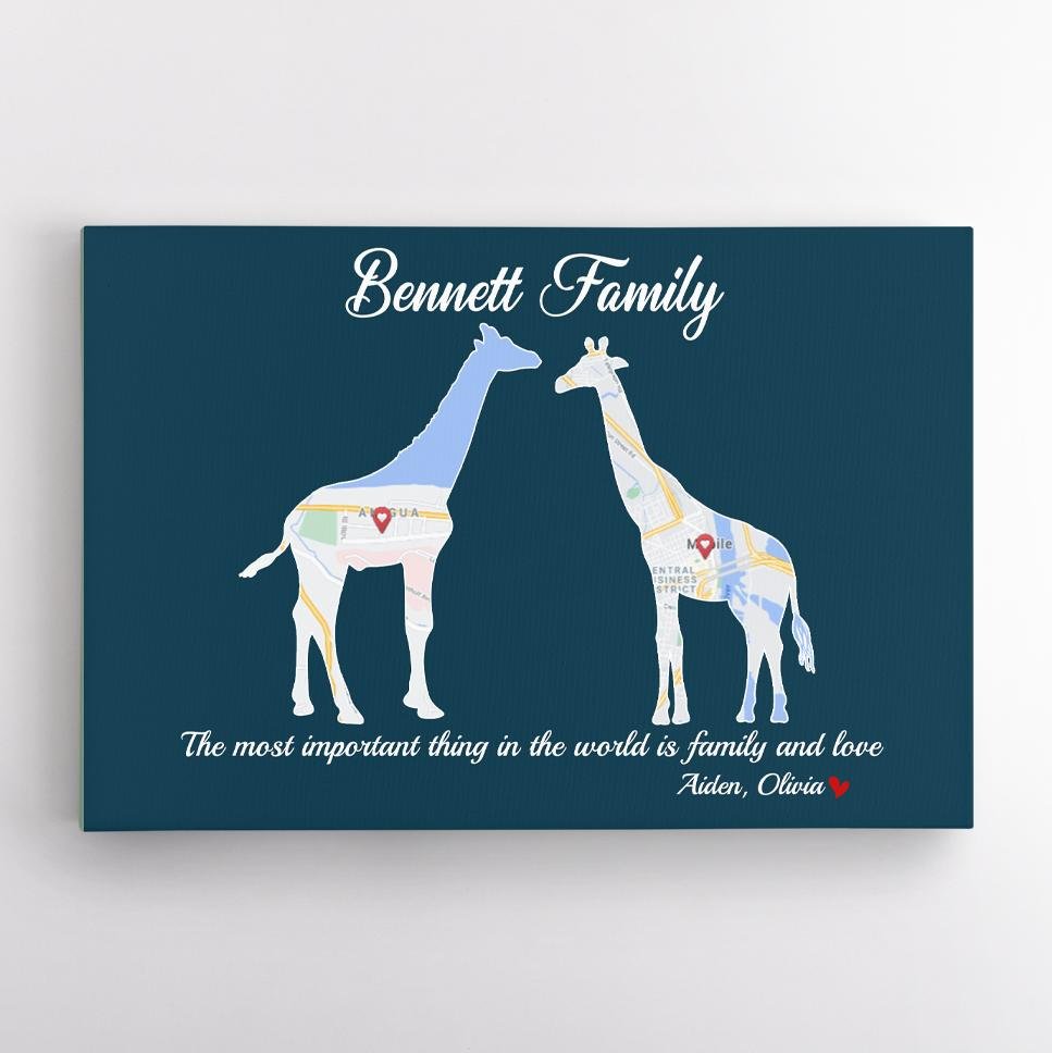 Giraffe Family, Custom Map Print, Personalized Family Name And Text Canvas Wall Art