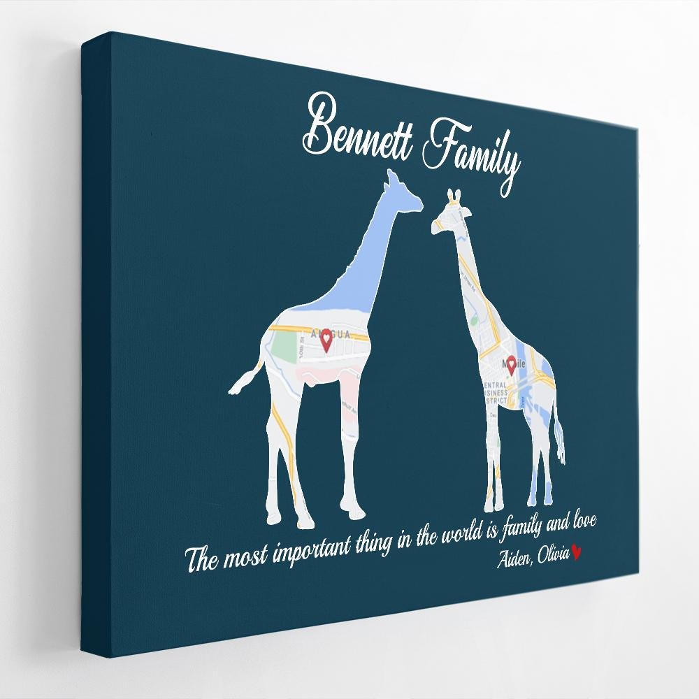 Giraffe Family, Custom Map Print, Personalized Family Name And Text Canvas Wall Art