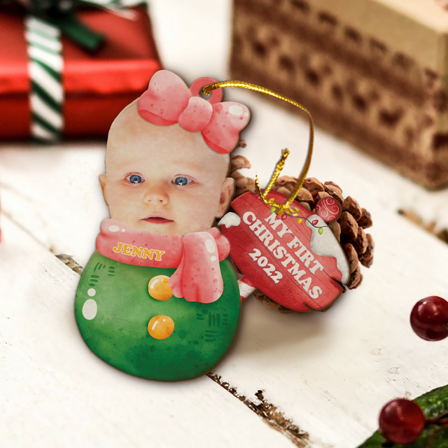 Custom Photo, Personalized Name And Text, Ornament For Baby, Baby's First Christmas, Christmas Girl Roly-Poly, Christmas Shape Ornament 2 Sides