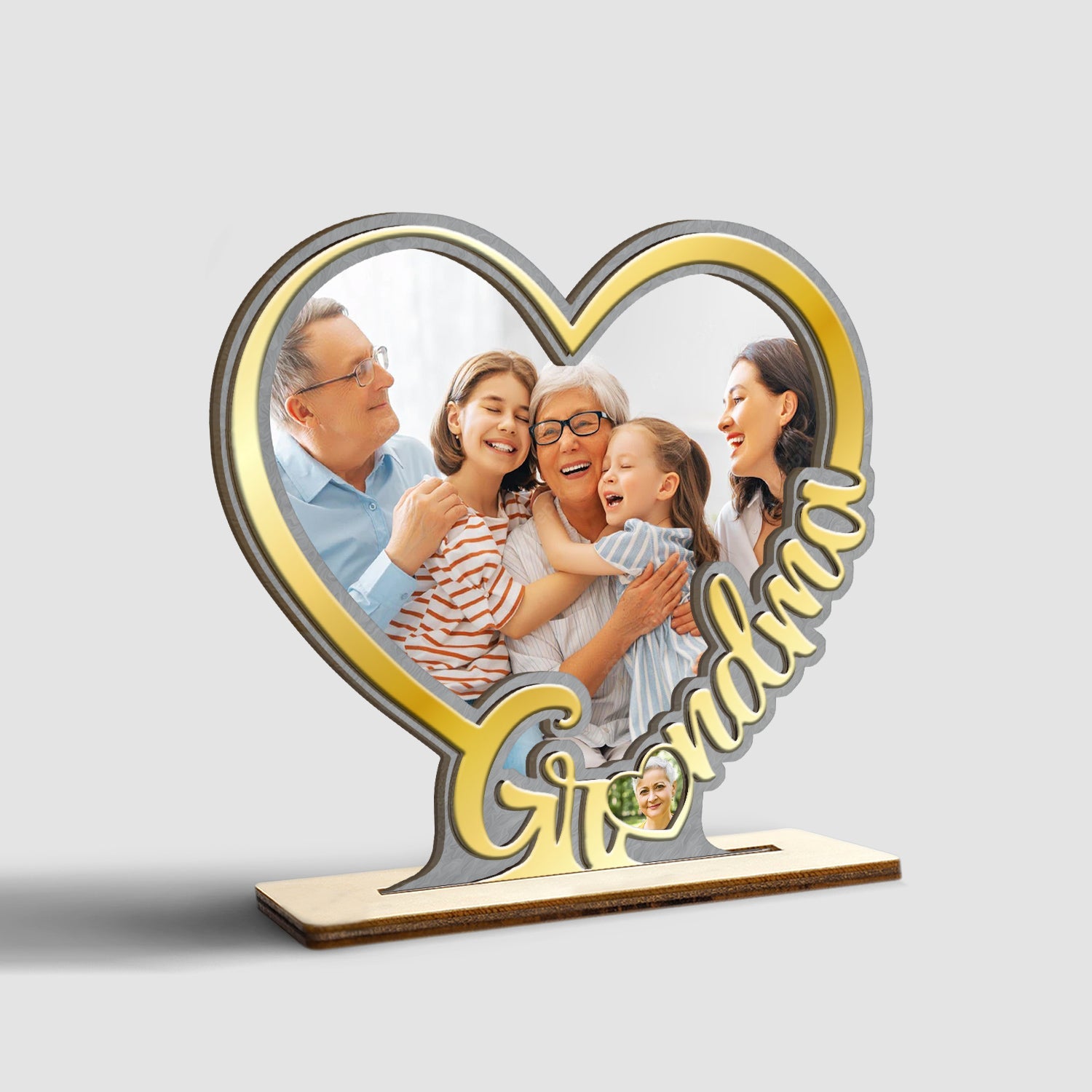 Grandma, Custom Wooden Plaque 3 Layers, Custom Photo, Heart Shape