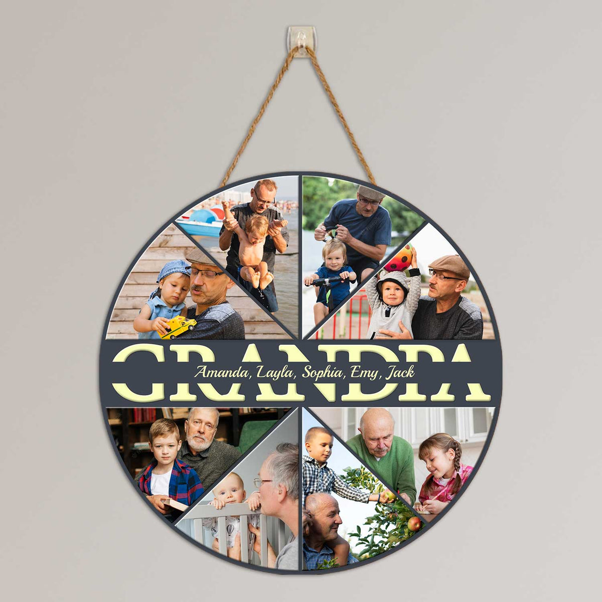 Custom Photo Collage, Customizable Name And Date, Round Wood Sign