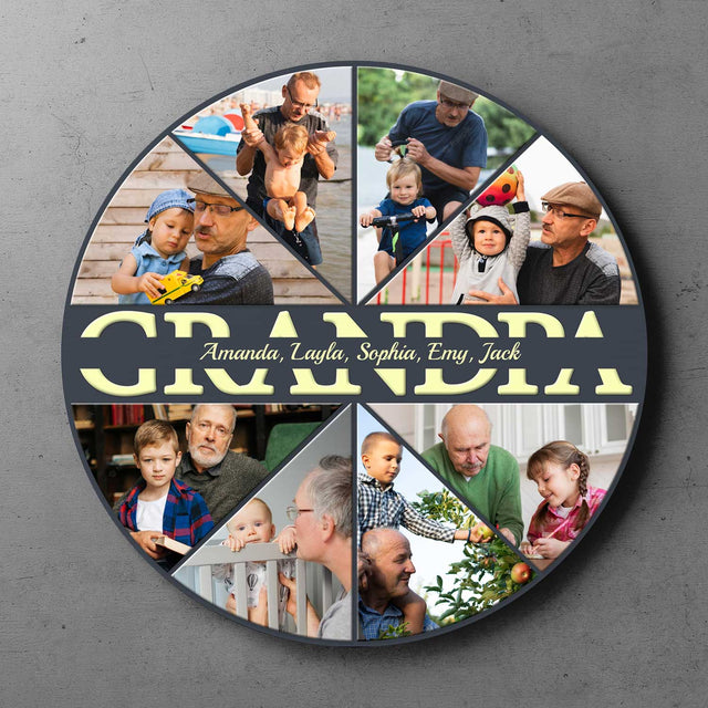 Grandpa, Custom Photo Collage, Personalized Name, Round Wood Sign
